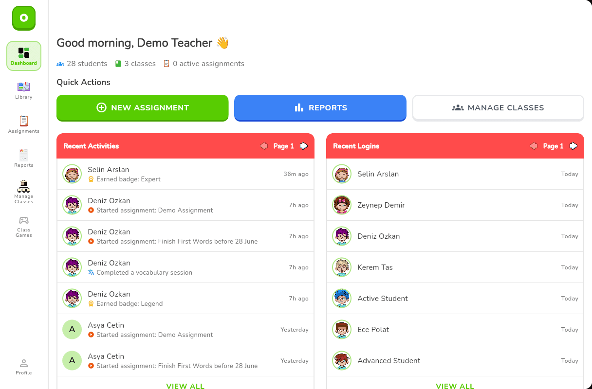 Owlio teacher dashboard with class overview and live reports